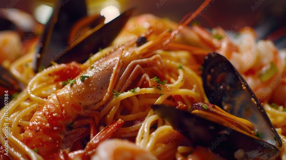 Plate of pasta with shrimp and mussels. The pasta is covered in sauce and the shrimp and mussels are scattered throughout the dish. Scene is appetizing and inviting Plate of pasta with shrimp and mussels. The pasta is covered in sauce and the shrimp and mussels are scattered throughout the dish. Scene is appetizing and inviting