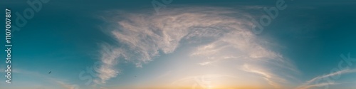 360 panorama of glowing sunset sky with bright Cirrus clouds. HDR 360 seamless spherical panorama. Full zenith or sky dome sky replacement for aerial drone panoramas. Climate and weather change. photo