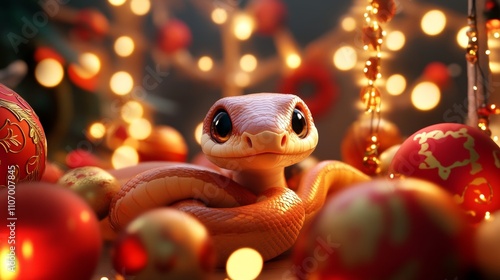 Playful Baby Snake Peeking Through a Colorful Holiday Decor photo