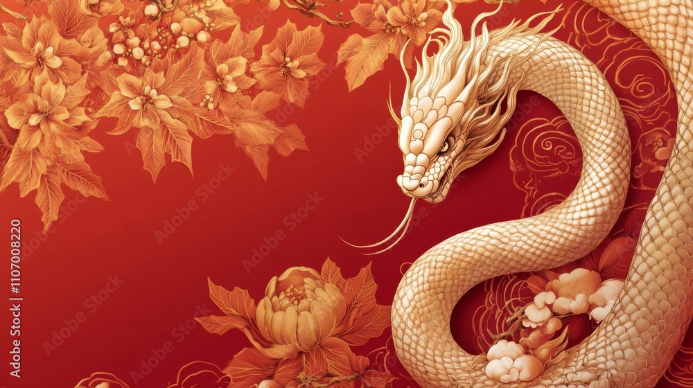 Obraz premium Delicate Illustration of a Golden Snake Intertwined with Flowers