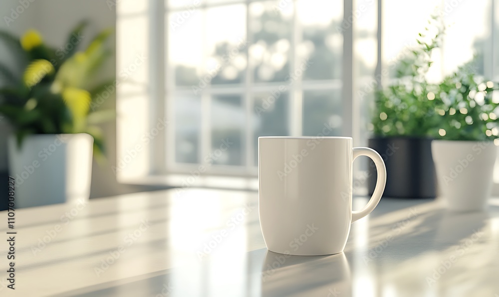 White Coffee Mug Sits On Table Near Window White Coffee Mug Sits On Table Near Window