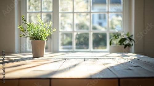 Bright indoor setting with potted plants on a wooden table capturing morning light