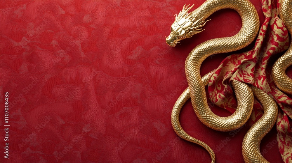 Obraz premium Golden Snake with Traditional Motifs on Red Background
