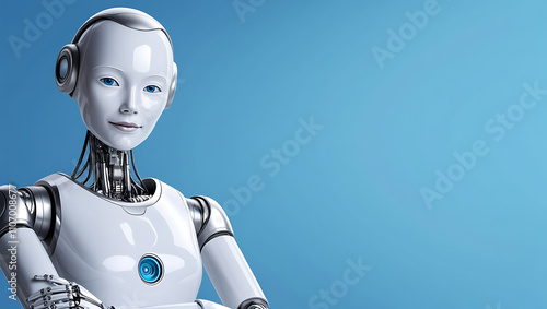 Artificial Intelligence with Folded Hands on Blue Background copy space, robot copy space background, humaniod photo