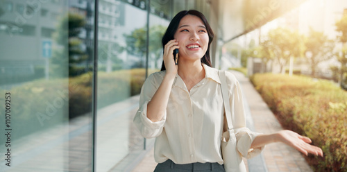 Photography Building, phone call and walking with business woman outdoor for communication or discussion