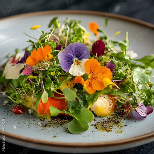 A garnish of fresh herbs, edible flowers, and microgreens adorning a gourmet dish.

 photo