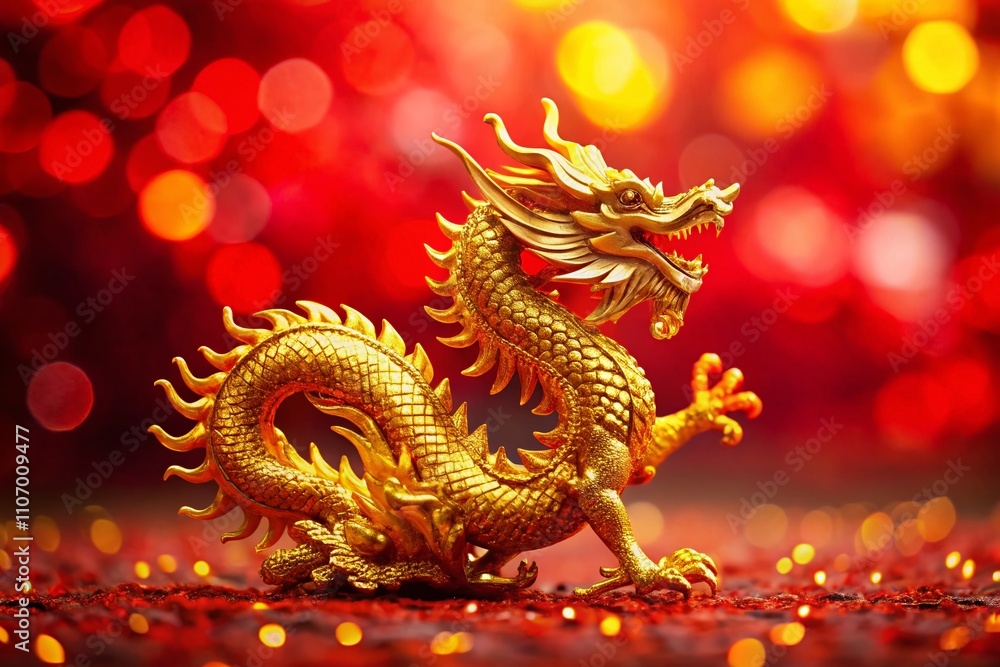 Fototapeta premium Majestic Golden Dragon Dancing Elegantly Against a Bold Red Background Captured with Tilt-Shift Photography for a Unique Perspective and Captivating Visual Appeal