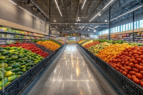 A modern grocery store interior featuring colorful produce arranged in rows. The image includes empty space above the aisles, ideal for branding or advertisements related to fresh produce. photo