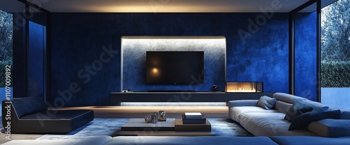 Modern living room with dark blue walls and stylish furniture.