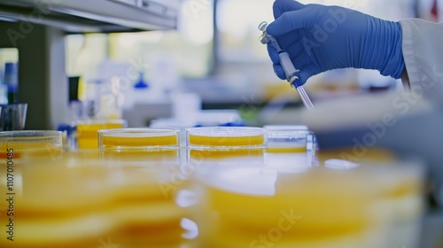 A clinical microbiologist studying bacterial cultures in a microbiology research lab, with microbial culture plates and laboratory research setting visible, Microbiology research style photo