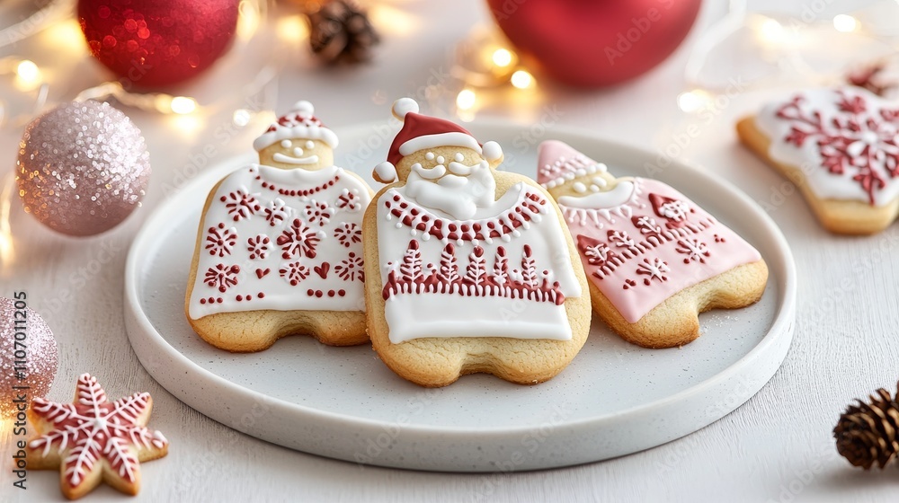 Obraz premium Christmas sweater cookies featuring chaotic icing designs with snowflakes, festive trees, and jolly faces of Santa, all in bright holiday hues