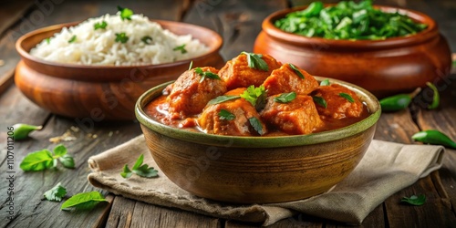 Silhouette Chicken Tikka Masala, Indian Food, Clay Bowl, Rice, Greens, Closeup Photography photo