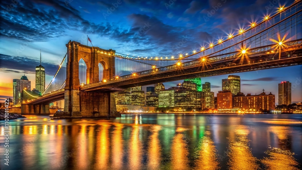 Fototapeta premium Majestic Low Light Photography of the Arches of the Brooklyn Bridge Illuminated at Night, Showcasing Architectural Beauty Against a Dark Sky with Soft Glowing Lights and Reflections