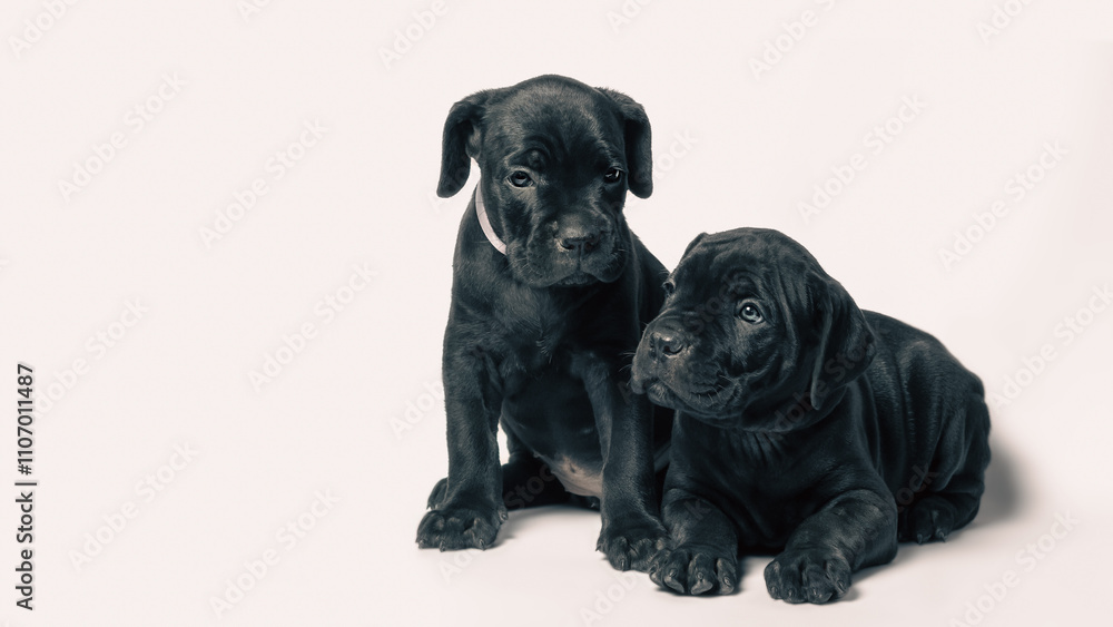 couple little puppy dog of breed canecorso on a white background in isolation close up couple little puppy dog of breed canecorso on a white background in isolation close up
