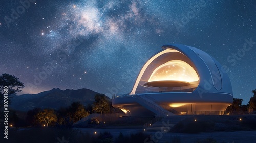 Futuristic observatory at night, glowing under starry sky.