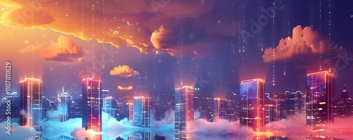 Futuristic Cityscape Illuminated at Night with Dreamlike Clouds