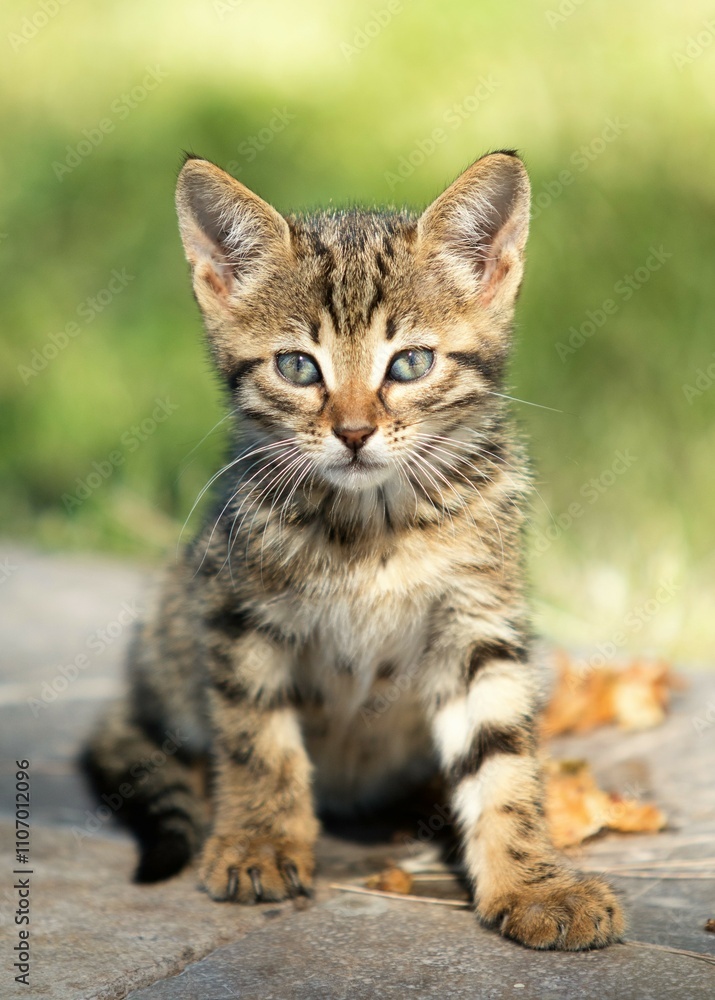 A kitten with blue eyes is sitting on a stone surface A kitten with blue eyes is sitting on a stone surface