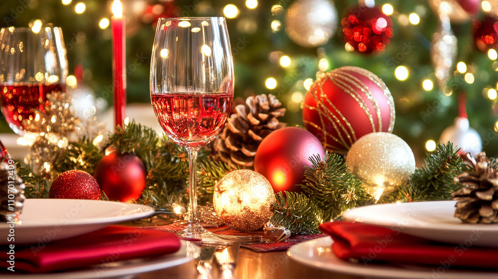 Photo of a Christmas table setting with wine glasses and plates, blurred background with lights and decorations Photo of a Christmas table setting with wine glasses and plates, blurred background with lights and decorations