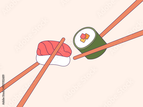 Sushi Time: A delightful illustration of sushi pieces being picked up with chopsticks against a soft pink background.  