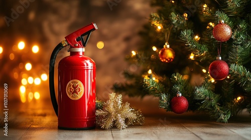 A red fire extinguisher sits next to a decorated Christmas tree with ornaments and lights.