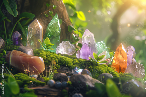 A close-up of polished crystals like amethyst and rose quartz, arranged with moss and pebbles on a wooden surface under soft, diffused lighting. photo