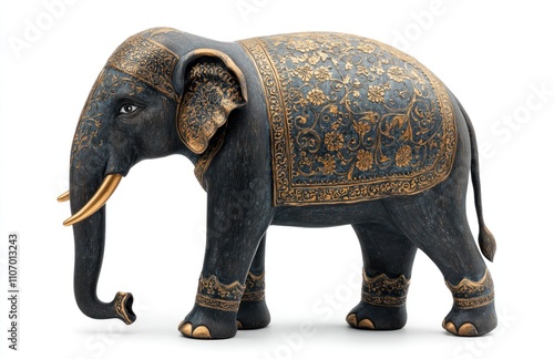 Ornate dark elephant figurine, gold detailing, isolated white background. photo