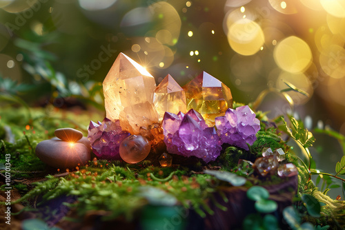 A close-up of polished crystals like amethyst and rose quartz, arranged with moss and pebbles on a wooden surface under soft, diffused lighting. photo