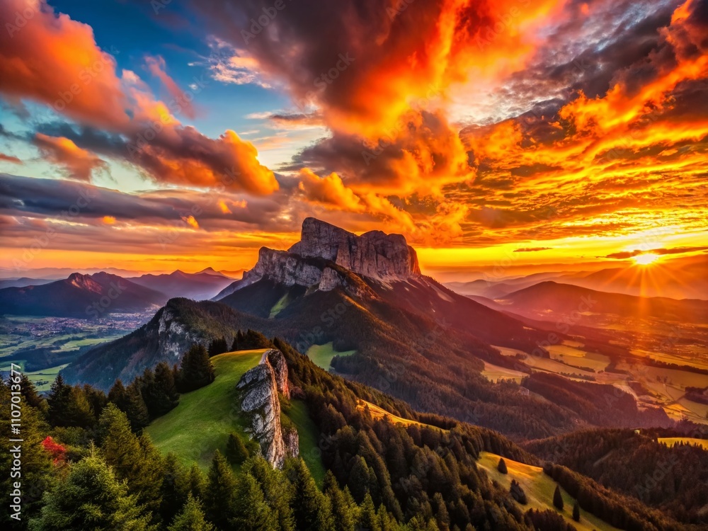 Fototapeta premium Majestic Silhouettes of Hoher Ifen and Gottesacker at Sunset, Capturing the Dramatic Beauty of the Alps in Fiery Evening Light