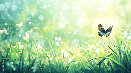 Butterfly fluttering over lush green grass in a serene garden during springtime