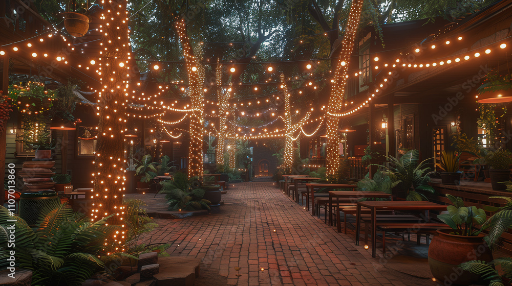 Cozy Outdoor Courtyard with String Lights and Rustic Seating