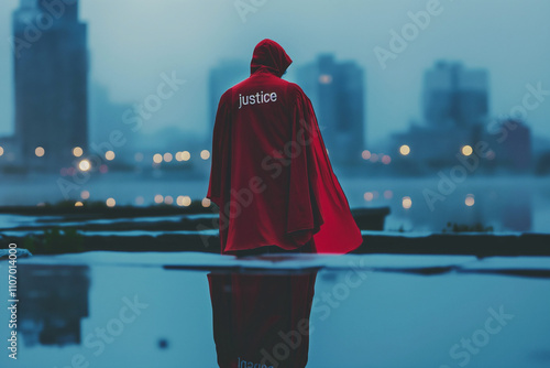 Word 'Justice' on the Back of Unknown Hero's Cloak. Symbol of Heroism and Moral Responsibility. Generative AI photo