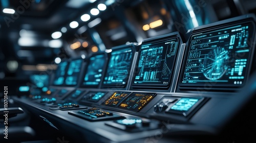 Futuristic control room with multiple display monitors showing blue holographic data interfaces, featuring advanced technological dashboard with illuminated buttons, control panels in dimly lit photo