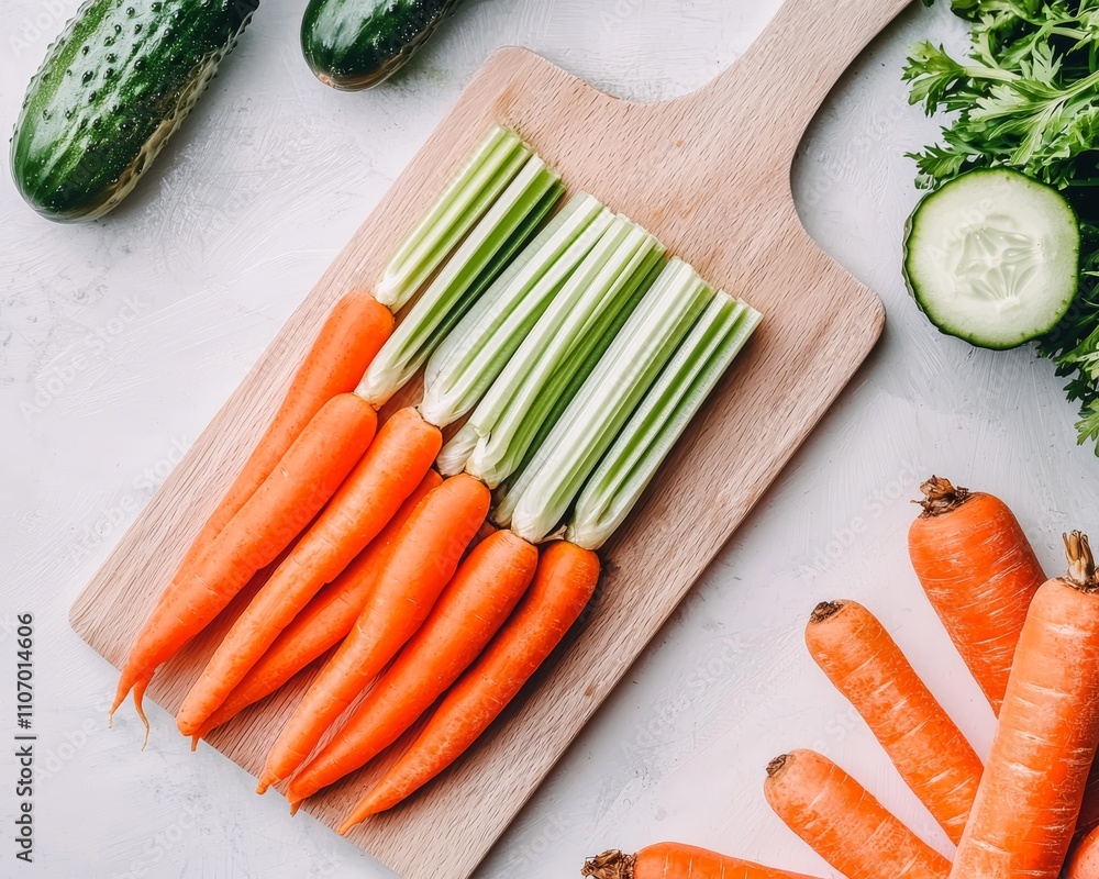 Fresh vegetables including carrots and celery on a wooden cutting board, surrounded by cucumbers and parsley. Fresh vegetables including carrots and celery on a wooden cutting board, surrounded by cucumbers and parsley.