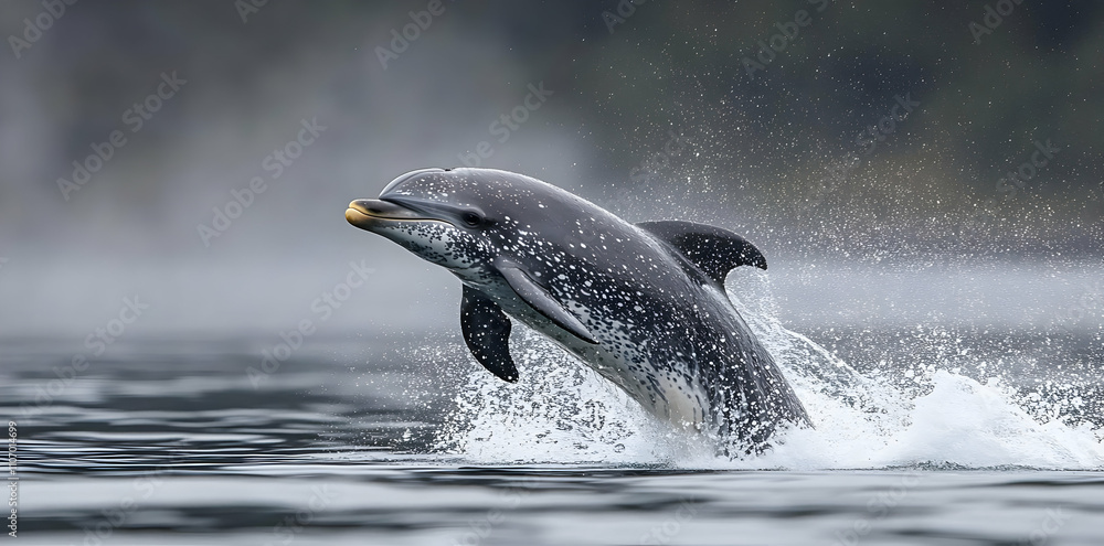 Fototapeta premium A dolphin leaps from the water, creating splashes in a serene marine environment.