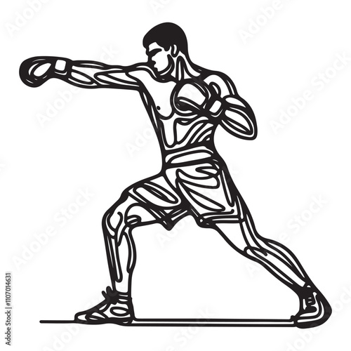 One continuous single drawing black line art doodle of forming a boxer in mid punch, athletic and strong, illustration on white background