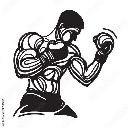 One continuous single drawing black line art doodle of forming a boxer in mid punch, athletic and strong, illustration on white background