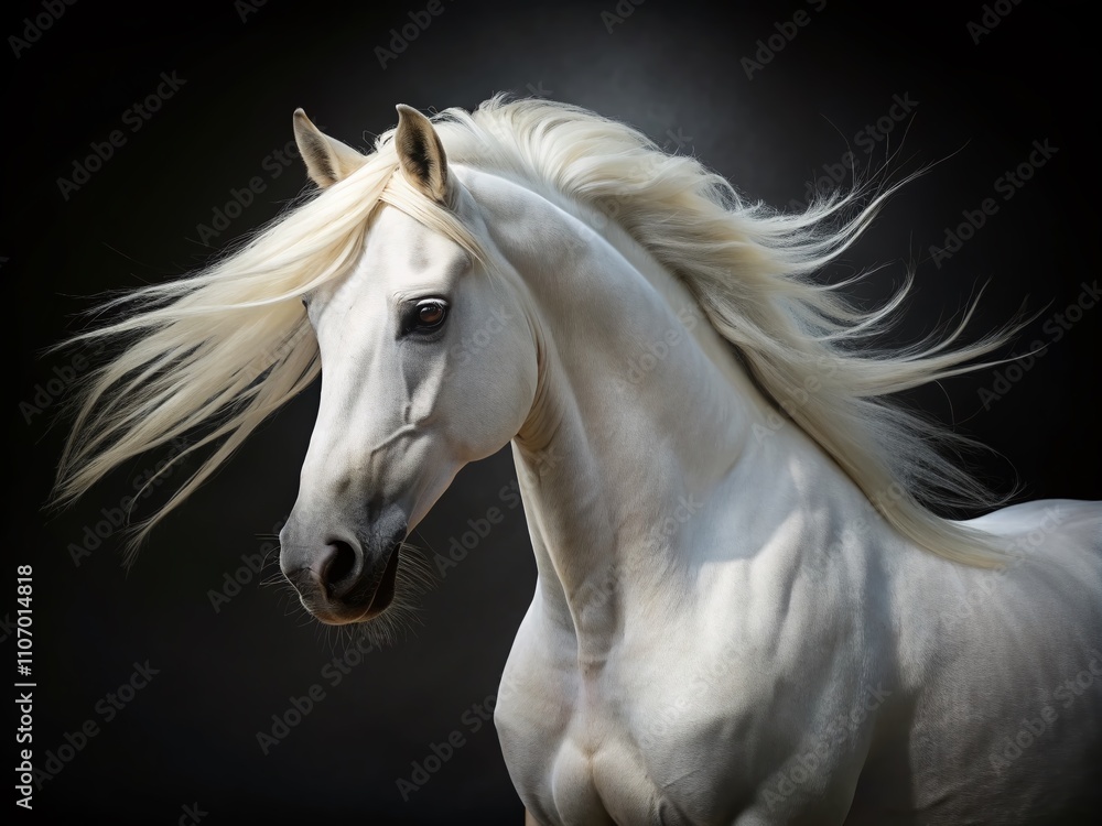 Obraz premium Majestic White Horse Isolated on a Black Background, Capturing the Ethereal Beauty and Grace of the Equine Form in a High Depth of Field Photography Style