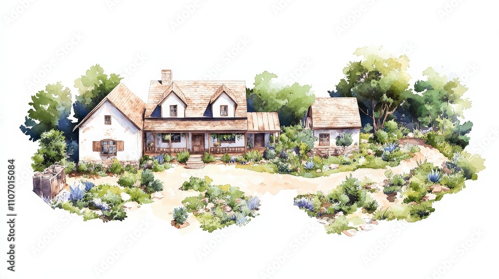 Tranquil Country House Surrounded by Lush Greenery and Flowers Tranquil Country House Surrounded by Lush Greenery and Flowers