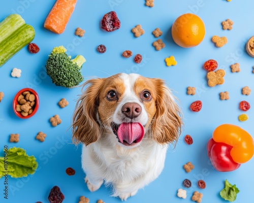 A happy dog surrounded by various healthy foods on a blue background, showcasing a vibrant and nutritious pet-friendly meal. photo