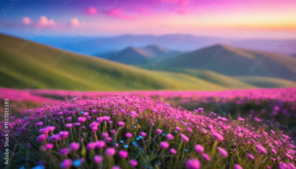 Fototapeta premium Summer Sunset Over Green Countryside Field