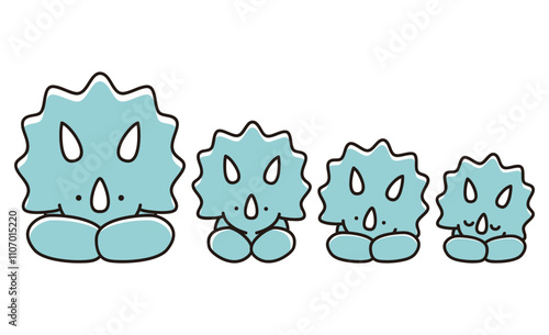 横一列に並んで寝転ぶトリケラトプスの家族のイラスト