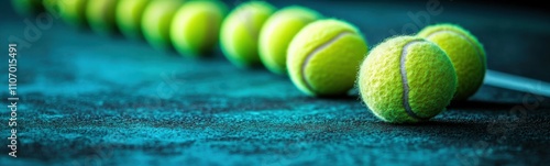 Tennis balls lined up in a row on a table photo