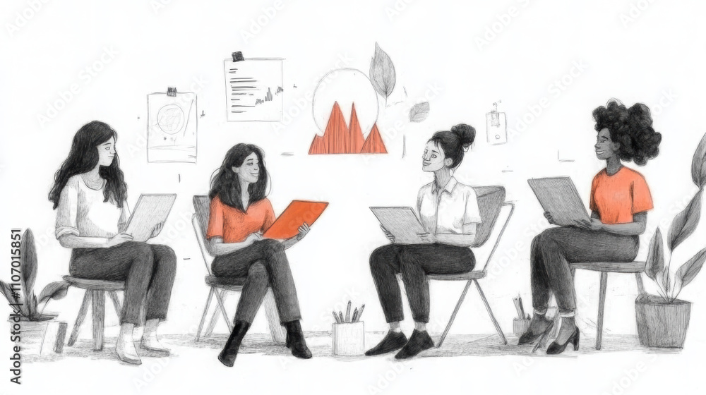 diverse team of women brainstorming ideas in creative workspace, showcasing collaboration and innovation. They hold tablets and are engaged in discussion diverse team of women brainstorming ideas in creative workspace, showcasing collaboration and innovation. They hold tablets and are engaged in discussion