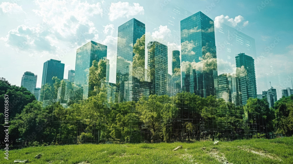 Obraz premium futuristic cityscape featuring tall glass buildings surrounded by lush greenery, showcasing blend of nature and modern architecture. scene reflects sustainability and innovation