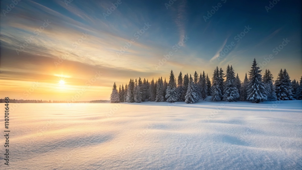 Serene Winter Sunset Over Snow-Covered Field with Evergreen Trees Serene Winter Sunset Over Snow-Covered Field with Evergreen Trees