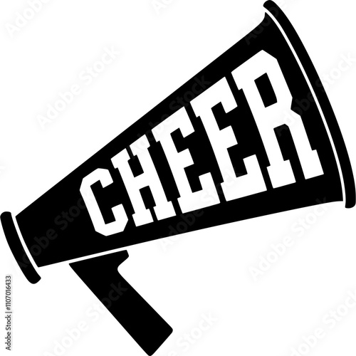 Black and White Cheer Megaphone Illustration, Bold black and white megaphone with the word "Cheer" displayed in large letters, perfect for cheerleading or sports themes.


