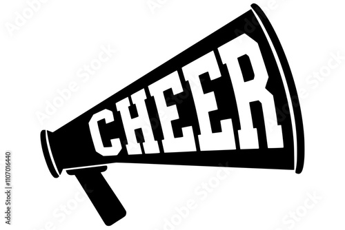 Black and White Cheer Megaphone Illustration, Bold black and white megaphone with the word "Cheer" displayed in large letters, perfect for cheerleading or sports themes.

