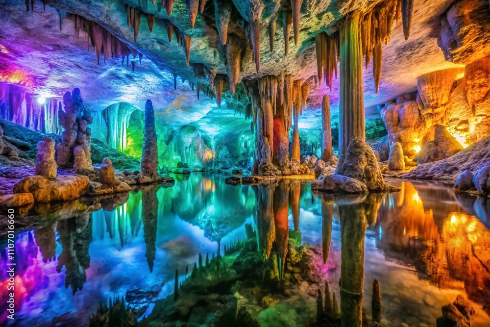 Obraz premium Mesmerizing Crystal Cave with Colorful Formations Reflecting Light, Showcasing Nature's Stunning Beauty and Intricate Patterns in a Magical Underground Wonderland