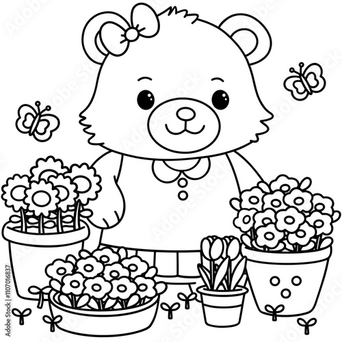 Cute bear with little garden, , illustration, vector, coloring page, coloring book, coloring for kids