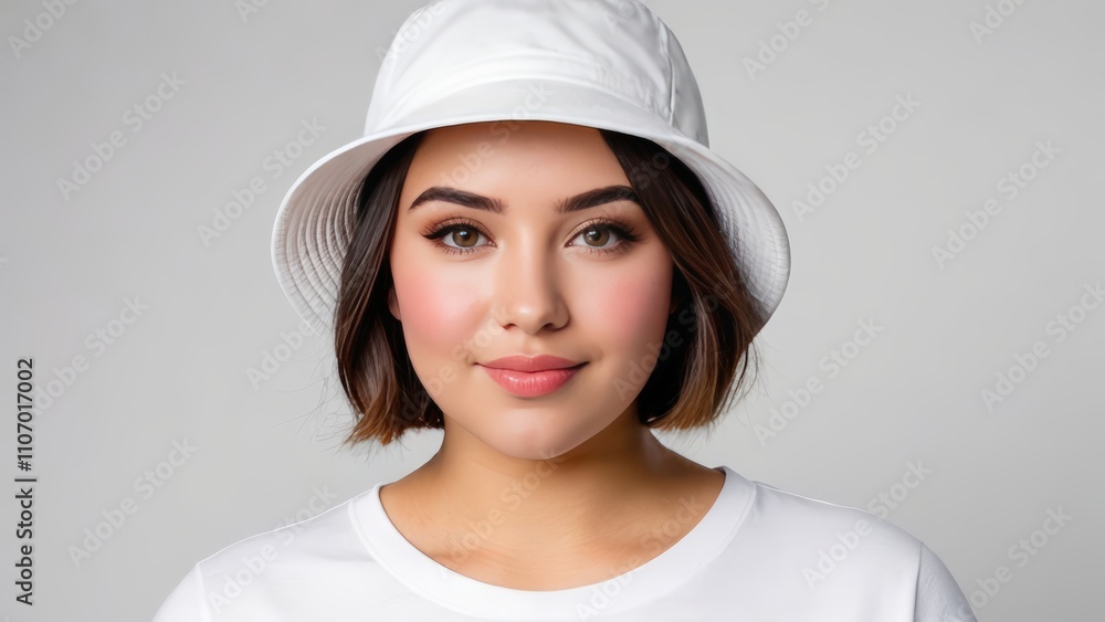 Plus size young woman with short hair wearing white t-shirt and white bucket hat isolated on grey background Plus size young woman with short hair wearing white t-shirt and white bucket hat isolated on grey background
